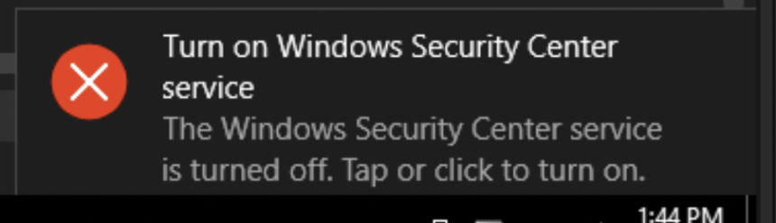 Notification Windows Security Center stopped